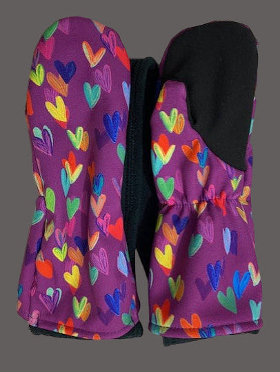 purple smittens with colourful hearts mittens kids can't take off